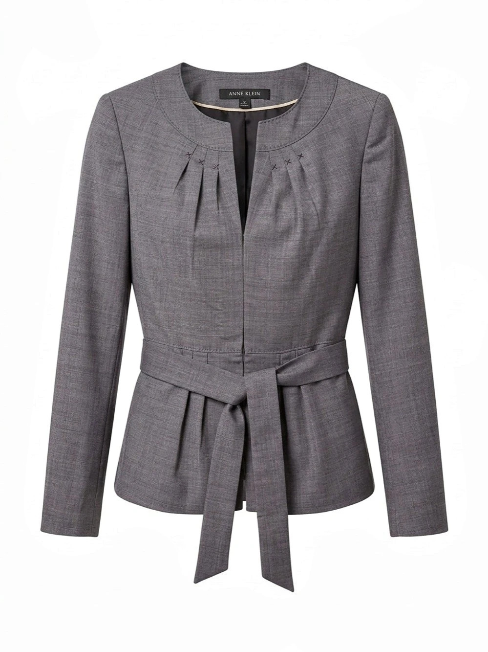 Anne Klein Gray Wool Blend Belted Split V-Neck Blazer Jacket Size 6